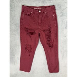 American Eagle Jeans Womens 12 Red Mom Relaxed High Rise Distressed Denim